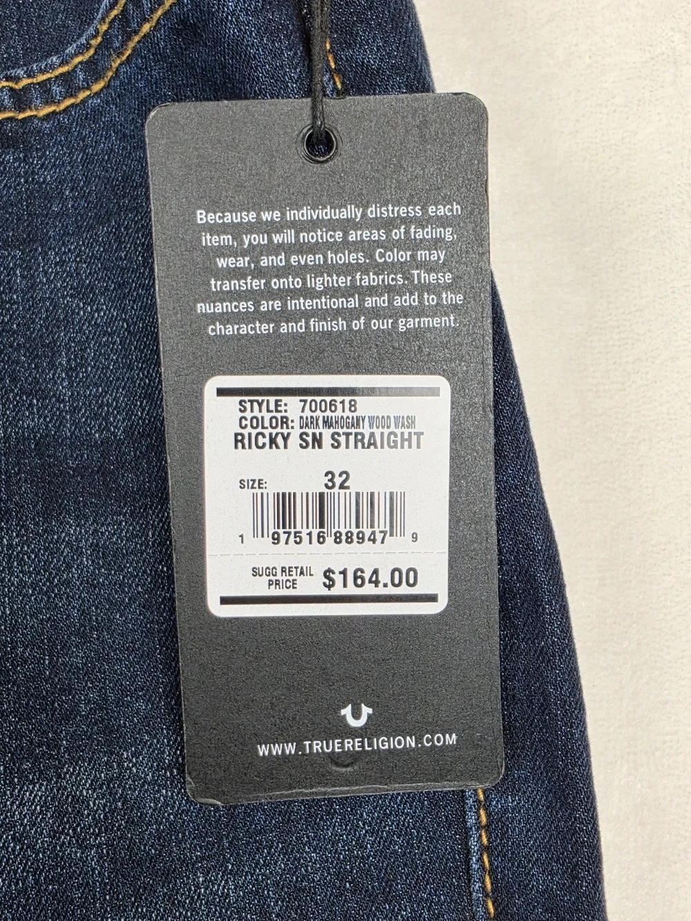 True Religion Ricky Relaxed Straight Jeans Men's 32x34 Dark Wash NWT